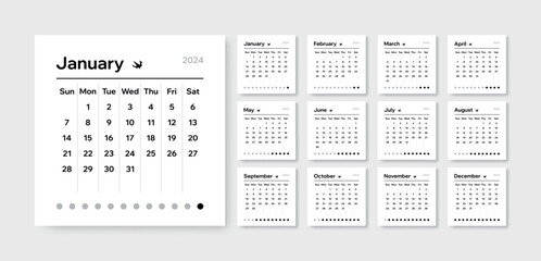 Calendar minimalistic 2024. Year calends, month template, date and week graphic design for table or wall. Layout organizer paper sheets. Business design. Office schedule page. Vector planner