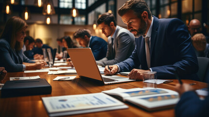 Multi racial diverse group of people working with Paperwork on a board room table at a business presentation or seminar. Generative AI.