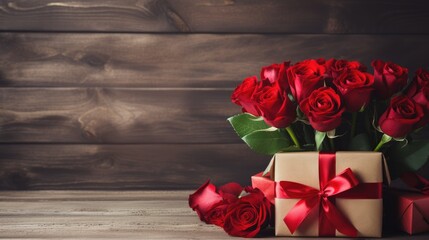 Red roses bouquet on a gift box with ribbon against a rustic wooden background with copy space.