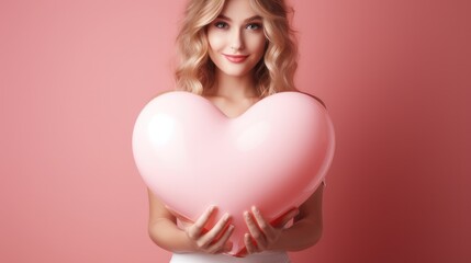 Close up of woman holding heart shape balloon on pink background. Generative AI.