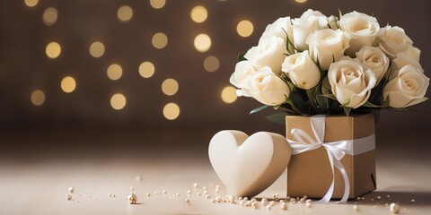 a white roses in a box next to a heart
