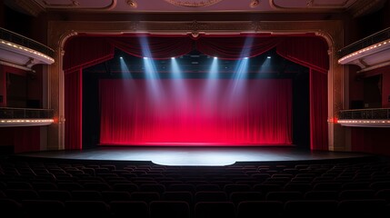 a stage with red curtains and red curtains