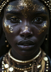 A Portrait of Beautiful Nubian Queen with Decorative Gold-Dark Background