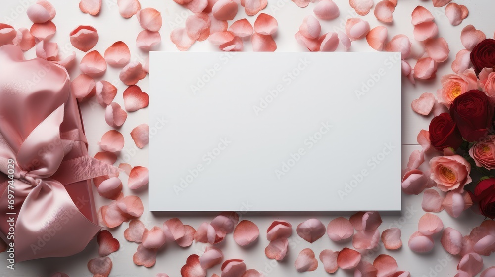 Poster Flat lay Valentine Day Background Mockup with empty space in middle for product. Generative AI.