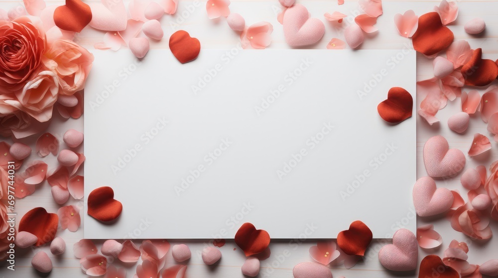 Poster Flat lay Valentine Day Background Mockup with empty space in middle for product. Generative AI.