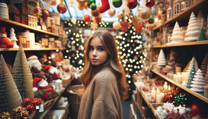 young girl standing in a store filled with many Christmas decorations