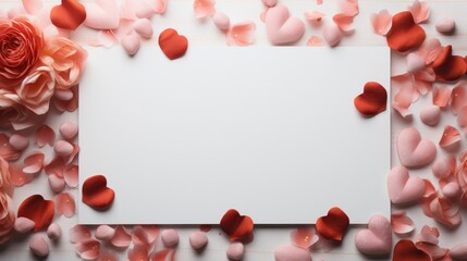 Obraz premium Flat lay Valentine Day Background Mockup with empty space in middle for product. Generative AI.