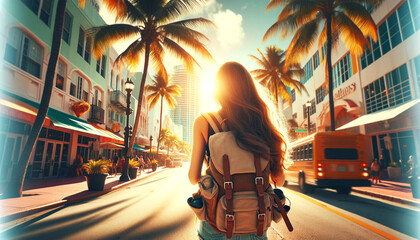 a girl traveler on a city street in miami.