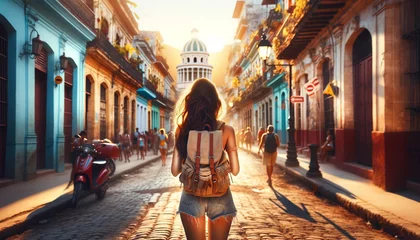 Fotobehang Smal steegje a girl traveler on a city street in cuba