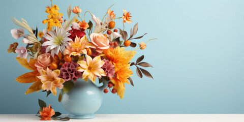fresh of various spring flowers in a blue ceramic vase on a table on a light blue background, banner, copy space