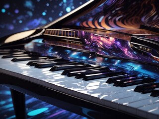 Ephemeral Celestials: A Cosmic Ballet on Epoxy Piano Keys - AI-Generated Art Transforms the Piano Into an Otherworldly Symphony of Light, Harmony, and Futuristic Elegance, Where UV Ink