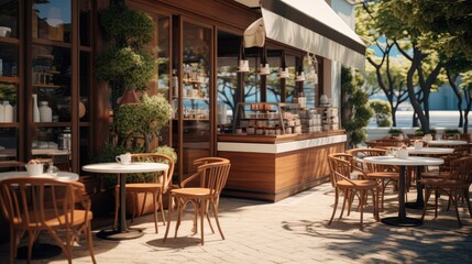 A typical coffee shop with an outdoor setting. Generative AI. - obrazy, fototapety, plakaty