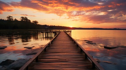 A dock near the water while the sun is setting. Generative AI.