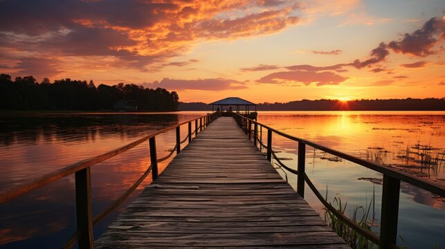 A dock near the water while the sun is setting. Generative AI. © visoot