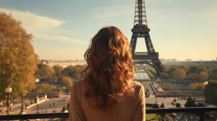 A young woman with medium brown hair stands with her back next to the Eiffel tower. Generative AI.