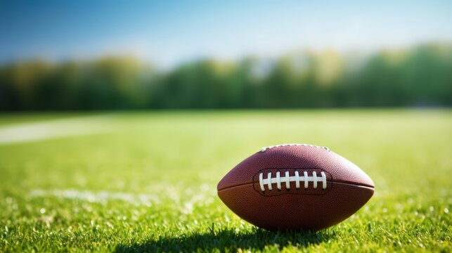 American football ball on green field with trees in background. Focus on ball.