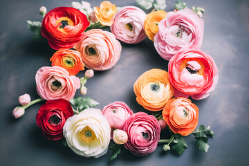 Beautiful blossoming ranunculus flowers, laid out in a round frame, dark background. Natural floral background