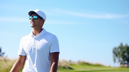 Portrait of a young man playing golf on a beautiful golf course