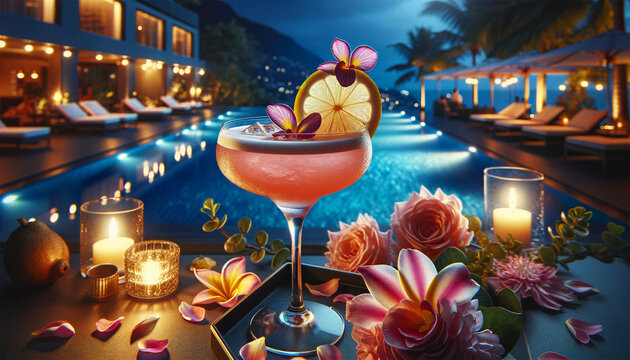 an elegant cocktail on a table in a garden setting, depicting a serene summer night by the pool