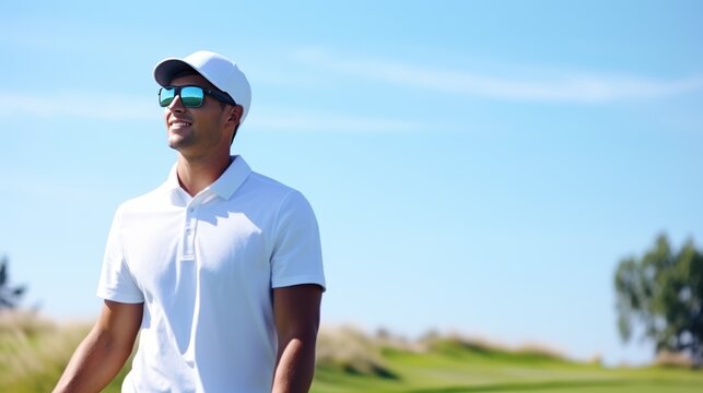 Portrait of a young man playing golf on a beautiful golf course - Powered by Adobe