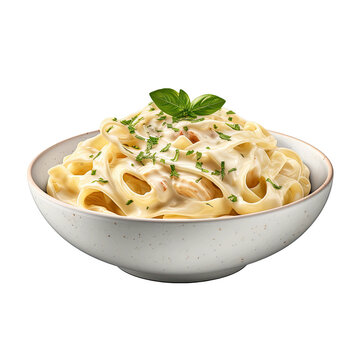 Bowl of fettuccini alfredo with garnish isolated on a transparent background