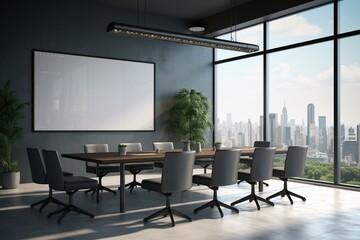 Interior of a meeting room with a gray color scheme, equipped with a table and a panoramic window. The wall features a mockup design. Generative AI