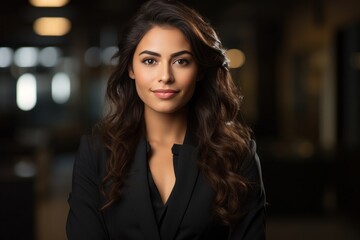Obraz premium portrait, business, businesswoman, office, opportunity, co-worker, working space, leadership, smile, elegance. portrait image is close up businesswoman at working space. behind have office asset.