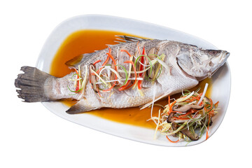  steamed whole sea bass in soy sauce Chinese style dish