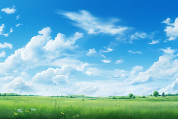 Green field with clouds blue sky summer background, ai generative
