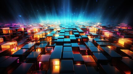 Obraz premium cyberspace, technology, datum, digital, communication, design, network, computer, future, futuristic. image of digital, wall with many pieces of blue and yellow light. 3D rendering illustration via AI