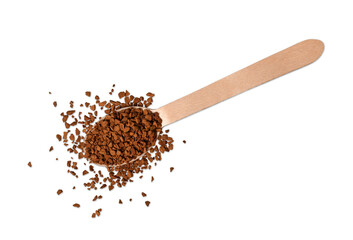 Wooden spoon with instant granulated coffee isolated on white background, top view.