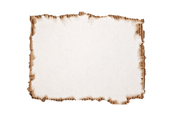 Part of cardboard box with torn rough edges and torn paper isolated on white background. Kraft cardboard texture with copy space.
