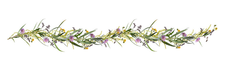 Botanical border composition. Boho style flower arrangement with wildflowers and herbs. Floral...