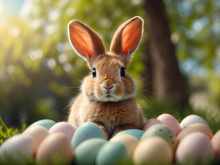 Easter bunny sitting on multi-colored Easter eggs, on the background of nature, for congratulations