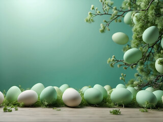 light green Easter eggs on the background for the inscription, mimosa nest, spring