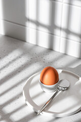 Boiled egg in hard light with window shadows on white kitchen background. Light protein breakfast...
