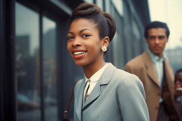 Retro style African American from 1960s walking to work with beautiful old-fashioned clothes. - obrazy, fototapety, plakaty