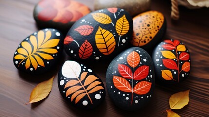 Easter eggs painted with natural patterns on a wooden background with autumn leaves