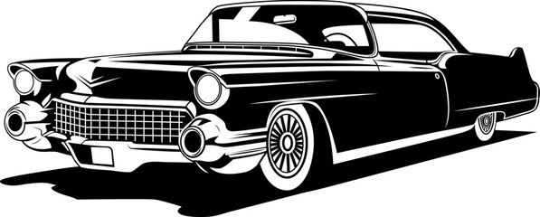 A black and white drawing of a vintage car monochrome style
