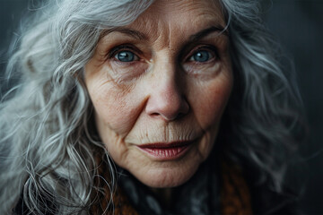 close-up portrait of a gray-haired eighty-year-old beautiful woman looking sadly at the camera, beautiful old age 