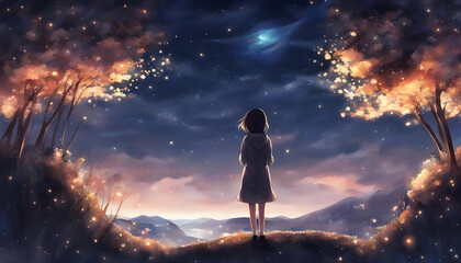 anime girl watching the night stars digital art - obrazy, fototapety, plakaty