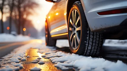 Fotobehang a close up of a car tire on snow © Gheorghe