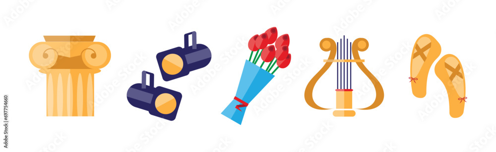 Poster theatre acting performance flat icons and object vector set