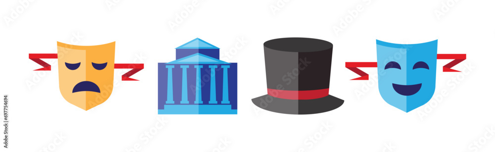 Poster theatre acting performance flat icons and object vector set