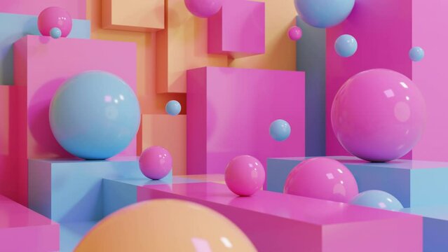 Abstract 3d animation, bright looped background. geometric cubes, blocks, and spheres, pink and blue colors. square shapes. Animated stock motion design, minimalism, modern style wallpaper, banner