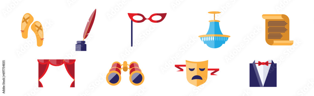 Poster theatre acting performance flat icons and object vector set