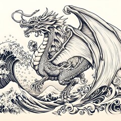 Dragon with a wave in the background, kids drawing

