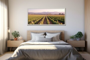 A large horizontal picture on the wall of a bright, quaint bedroom with western farm style