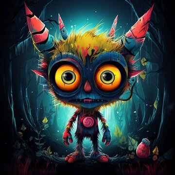 a cartoon character in a dark forest
