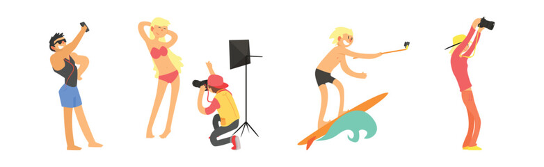 People Character Take Selfie and Photo with Smartphone Vector Set